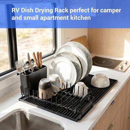 Expandable & Collapsible Dish Drying Rack for Over The Sink and in Sink, Stainless Steel with Silicone Drip Tray, Space Saving Adjustable Dish Rack for Small Kitchen, Apartment & RV