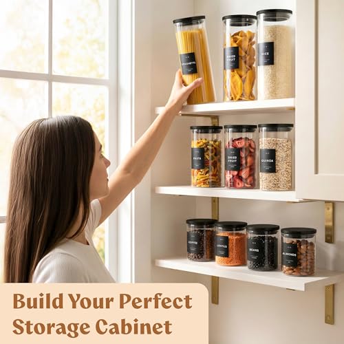 EDELHAUS Glass Storage Containers with Black Lids [Extra Thick Glas] with 54 Labels - Canister For Pantry Noodles Flour Cereal Rice Sugar Tea Coffee Beans - Round Set of 5x - color: 5 Pack - Black Lids