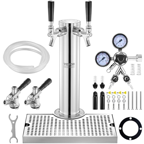 VEVOR Kegerator Tower Kit, Dual Taps Beer Conversion Kit, Stainless Steel Keg Beer Tower Dispenser with Dual Gauge CGA320 Regulator & D-System Keg Coupler, Beer Drip Tray for Party Home - style: Dual Taps
