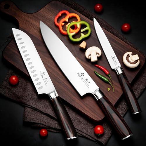 imarku 3 Pieces Knife Set, Japanese High Carbon Stainless Steel Chef Knife Set, Professional Chef Knives with Ergonomic Pakkawood Handle, Ultra Sharp Cooking Knives for Kitchen & Home Cooking - color: Red Brown