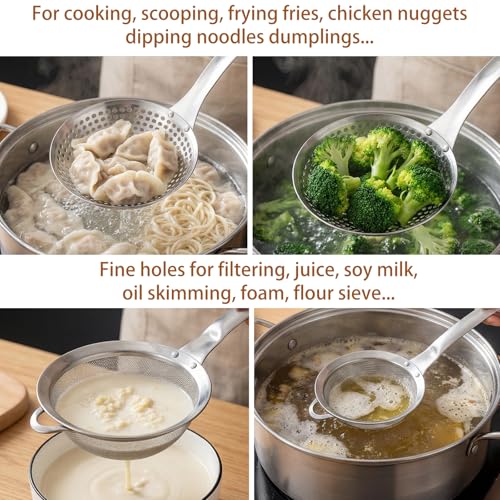 Kifmurase 2PCS Spider Strainer Skimmer Spoon Set Fine Mesh Stainless Steel Sieve Skimmer Ladle Colander with Handle, Large Hole Slotted Colander Frying Spoons for Kitchen Cooking Filter Food Residues