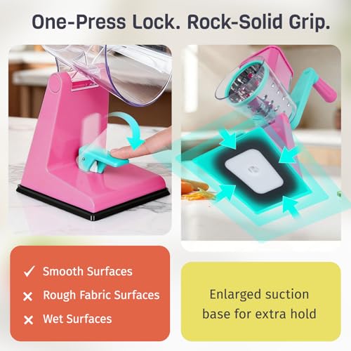 Upgraded Rotary Cheese Grater with 3 Interchangeable Stainless Steel Drums, One-Press Powerful Suction Manual Vegetable Shredder&Slicer for Kitchen, 15pcs Storage Bags Included, Rose-red&Green - color: Rose-red & Green