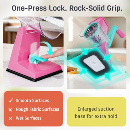 Upgraded Rotary Cheese Grater with 3 Interchangeable Stainless Steel Drums, One-Press Powerful Suction Manual Vegetable Shredder&Slicer for Kitchen, 15pcs Storage Bags Included, Rose-red&Green - color: Rose-red & Green