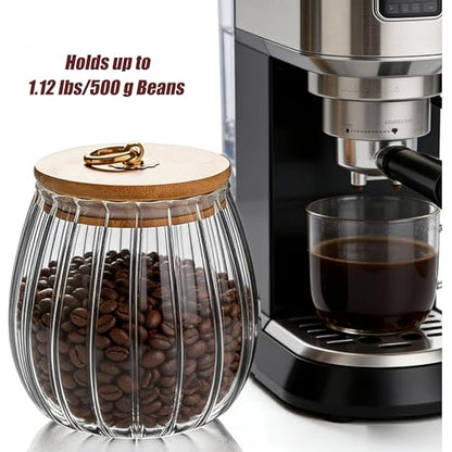 FANTESTICRYAN Glass Coffee Nuts Canister Airtight Storage Jar Petal Decorative Container with Bamboo Lid Metal Handle Easy to Grasp 1600ml, 54 FL OZ (Large Oval)