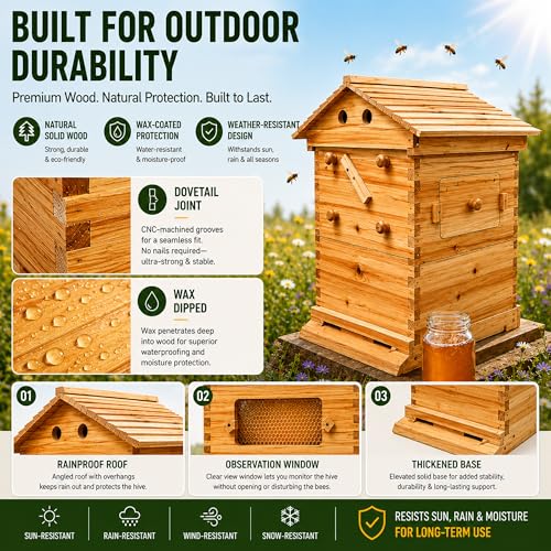 Wooden Beehive Starter Kit with Honey Collection System & Frames, Bee Hive Box with Observation Window, Beginner Friendly Backyard Beekeeping Kit for Honey Harvesting, 24"×22"×30"