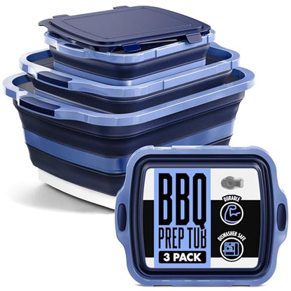Modern Innovations Collapsible BBQ Prep Tubs, 3 Pack, Blue, Locking Lids | BBQ Marinating Tubs, Cutting Board Lids, Drain Spouts, Small Medium Large, Collapsible, Camping, Tailgating - color: Blue