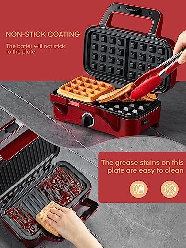 FOHERE Waffle Maker 3 in 1 Sandwich Maker 1200W Panini Press With Removable Plates and 5-gear Temperature Control, Non-stick Coating Easy to Clean,Indicator Lights, Red - color: Red