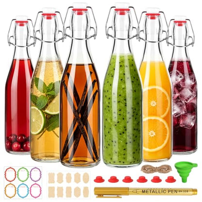 6 Pack 16oz Swing Top Glass Bottles – Flip Top Bottles with Stoppers for Vanilla Extract, Kombucha, Kefir, Home Brewing, Fermentation & Gifting, Includes Funnel & Extra Gaskets