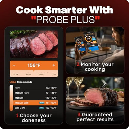 Smart Bluetooth Wireless Meat Thermometer Digital, 6 Accuracy Sensors, 0.5S Instant Read Food Thermometer, 2-in-1 100H Battery Fast Charge Base, APP Control & Custom Menu for BBQ, Grill, Smoker, Oven