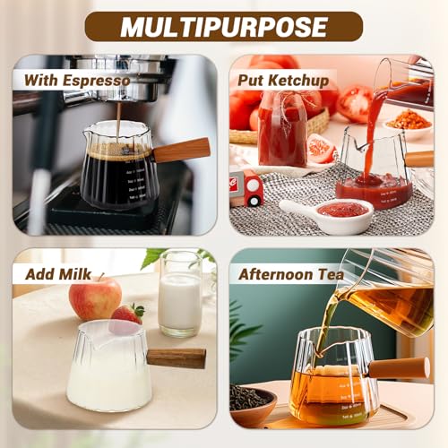 2 PCS Espresso Measuring Cup 6 Oz, Espresso Glass Cups with Wood Handle, Milk Frothing Cup, Espresso Cup for Coffee, Milk, Tea or Maple Syrup Serving - color: Clear