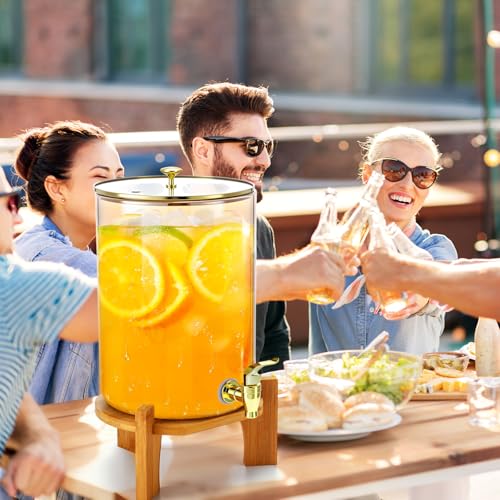 Honeydak 2 Pack 2 Gallon Each Amber Glass Drink Dispensers with Spigot, Gold Accent, Beverage Dispensers with Stand for Lemonade Juice Water Iced Tea Cocktails - size: 2 Gallon