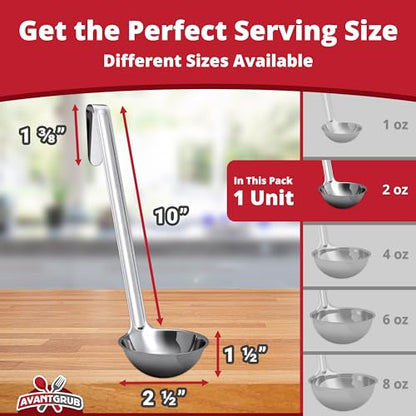 Super Sturdy, Ergonomic 2 Oz. Soup Ladle 1 Pk. Stainless Steel Ladles with Long Handles. Best Kitchen Accessories for Stirring, Portioning and Serving Soups, Chili and Stew in Restaurants and at Home - size: 2oz
