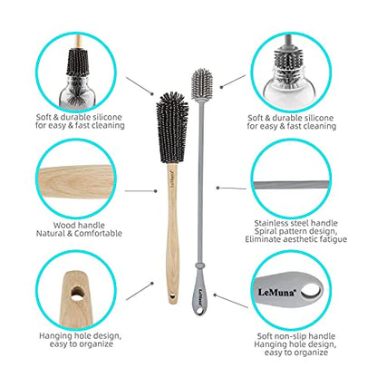 Silicone Bottle Brush Set with Wooden Handle - Silicone Brush & Straw Cleaner for Hydro Flask, Sports Bottle, Glassware