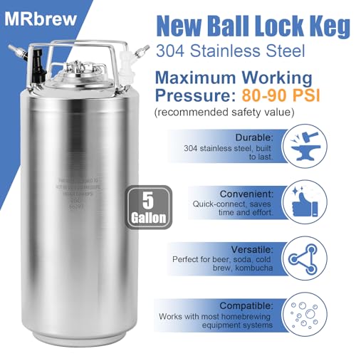 MRbrew New 5 Gallon Ball Lock Keg, Stainless Steel Corny Keg with Two Ball Lock Keg Fittings & Gasket Set, Double Ball Lock Post Beer Keg For Draft, Homebrew, Craft Beer, Cold Brew Keg for Party