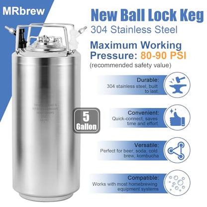 MRbrew New 5 Gallon Ball Lock Keg, Stainless Steel Corny Keg with Two Ball Lock Keg Fittings & Gasket Set, Double Ball Lock Post Beer Keg For Draft, Homebrew, Craft Beer, Cold Brew Keg for Party