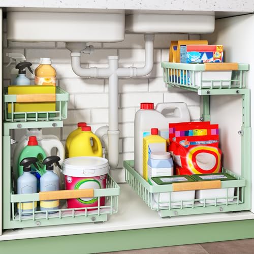 Kitstorack Under Sink Organizer, 2 Tier Under the Sink Storage, Slide out Pull out Cabinet Organizer Shelf, Metal Sliding Drawer for Kitchen Bathroom Pantry Closet Organization Rack, Green, 2 Pack - color: Green, size: 2 Pack