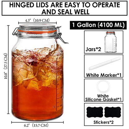 1 Gallon Glass Jars with Airtight Lid, Large Glass Storage Containers with Lids, 2 Pack Wide Mouth Mason Jars with Measurement Marks, Kitchen Pantry Storage for Flour, Sugar, 138oz, Dishwasher safe
