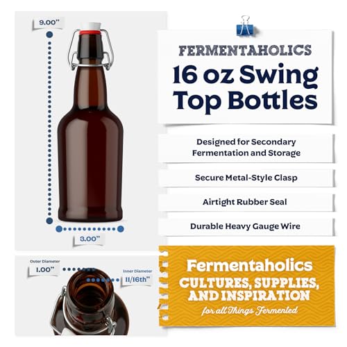 Fermentaholics 6 Pack Glass Swing Top Bottles | Flip Top Lids | Airtight, High-Pressure Tops For Bottling & Secondary Fermentation of Kombucha, Kefir, Beer, Storage, and More (Brown Bottles)