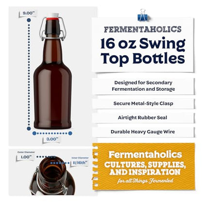 Fermentaholics 6 Pack Glass Swing Top Bottles | Flip Top Lids | Airtight, High-Pressure Tops For Bottling & Secondary Fermentation of Kombucha, Kefir, Beer, Storage, and More (Brown Bottles)