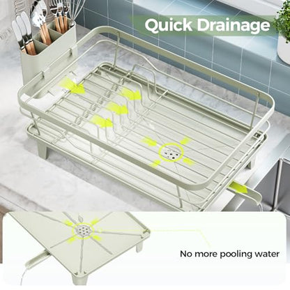 Urackify Dish Drying Rack for Kitchen Counter, Sink Dish Rack with Drainboard, Large Dish Drainer with Cups Holder, Home Countertop Plate Dryer Storage Rack with Cutlery Holder, Soft Celery Green - color: Soft Celery Green