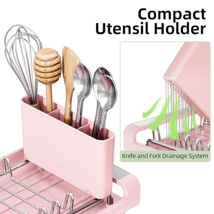 TOOLF Small Dish Drying Rack, Mini Expandable Compact Dish Rack, Slim Extendable Stainless Steel Dish Drainer for Kitchen Plate Storage, Space Saving Dish Strainer in Sink or on Home Countertop, Pink - color: Pink