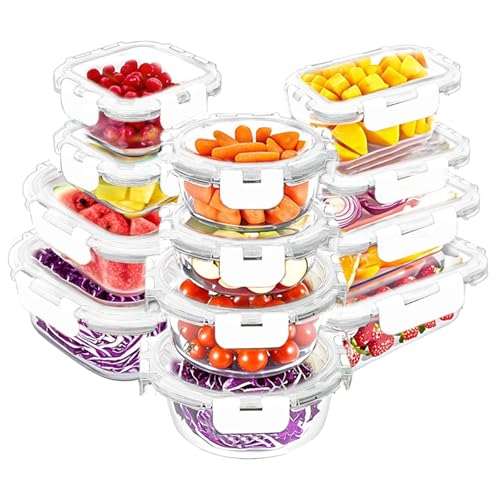 VERONES 12 Packs Glass Food Storage Containers Set, Airtight Glass Lunch Containers, Glass Meal Prep Containers with Lids,Exclusive of BPA, for Microwave, Oven, Freezer & Dishwasher Friendly,White - color: White-24