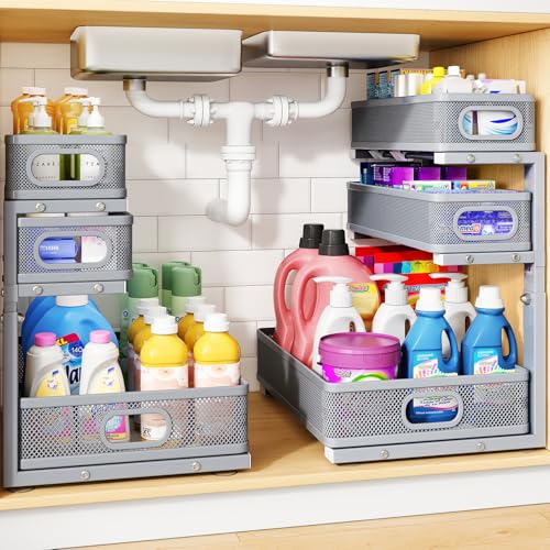 Under Sink Organizer, 2-Pack 3-Tier Thickened Metal Pull out Cabinet Organizer Shelf, Height Adjustable Slide out Storage Drawer Rack for Kitchen Bathroom Pantry Laundry Home Organization, Grey - color: Gray, size: 2-Pack