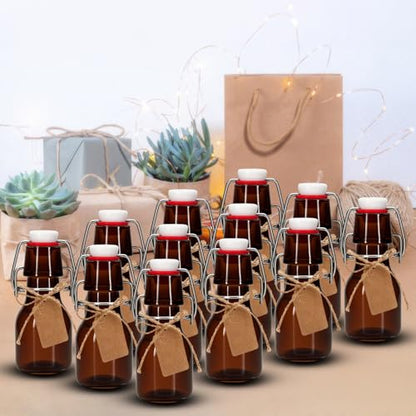 12Pcs 2 oz Amber Mini Swing Top Glass Bottles with Stoppers Small Flip Top Bottles with Airtight Lids for Crafts Decoration Wedding Themed Party Favors (12)