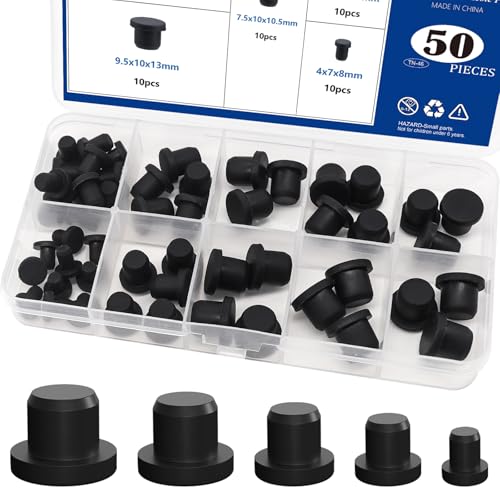 Tnisesm 50 Pcs Silicone Rubber Hole Plug, 5 Sizes Silicone Hole Plug Cap Set, Black High Temp T-Type Hole Plug for Powder Coating Waterproof Sealing Plugs Pipe Holes Test Tube Plugs - color: Black