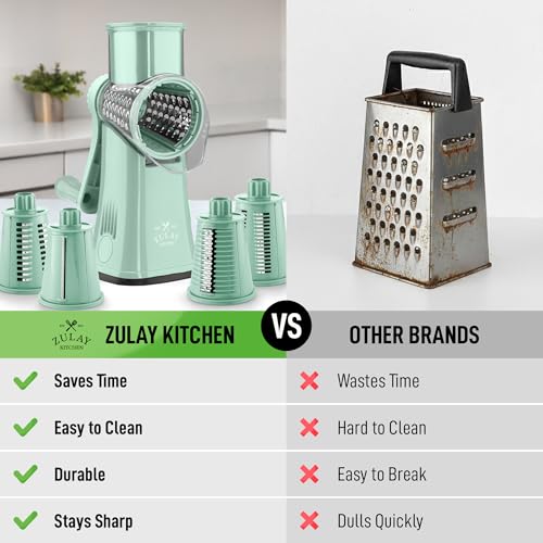 Zulay Kitchen Rotary Cheese Grater 5 Blade Cheese Shredder - Manual Hand Crank Cheese Grater With Reinforced Suction & 5 Interchangeable Drums - Easy to Use, Vegetable Chopper Round Mandoline Slicer - color: Seafoam