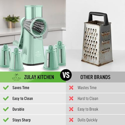 Zulay Kitchen Rotary Cheese Grater 5 Blade Cheese Shredder - Manual Hand Crank Cheese Grater With Reinforced Suction & 5 Interchangeable Drums - Easy to Use, Vegetable Chopper Round Mandoline Slicer - color: Seafoam