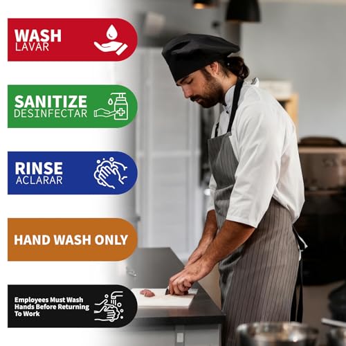 5pcs Wash Rinse Sanitize Sink Labels, 9x3in Waterproof Hand Washing Stickers for 3 Compartment Sinks for Commercial Kitchens Restaurants Food Trucks & Dishwashing Stations