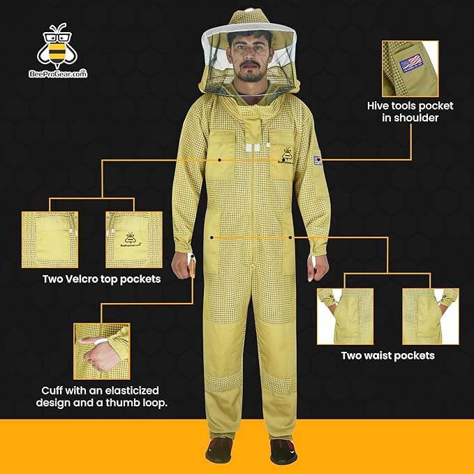 3-Layer Ultra Ventilated Mesh Beekeeping Suit for Men & Women with Veil Sting-Proof Bee Suit with Leather Gloves & Bag - color: Brown 2, size: Small