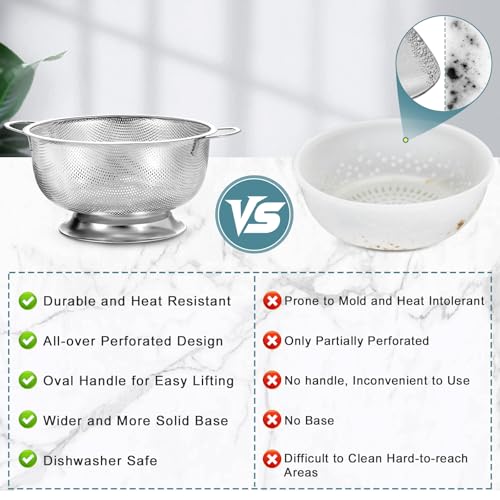 Pleafind Colander for Kitchen - 5 QT & 3 QT Stainless Steel Strainer with Handle, Kitchen Strainer Colanders Bowl for Pasta, Noodles, Spaghetti, Vegetables and Fruits, Rust-Resistant & Dishwasher Safe