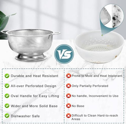 Pleafind Colander for Kitchen - 5 QT & 3 QT Stainless Steel Strainer with Handle, Kitchen Strainer Colanders Bowl for Pasta, Noodles, Spaghetti, Vegetables and Fruits, Rust-Resistant & Dishwasher Safe