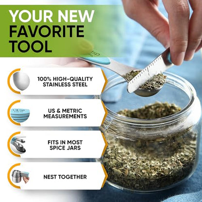 Spring Chef Magnetic Measuring Cups & Spoons Set, Patented, Strong Magnets, Heavy Duty Stainless Steel Fits in Spice Jars for Baking & Cooking, BPA Free, Round Set of 15 with Leveler, Aqua Sky - color: Blue (Aqua Sky), size: Set of 15