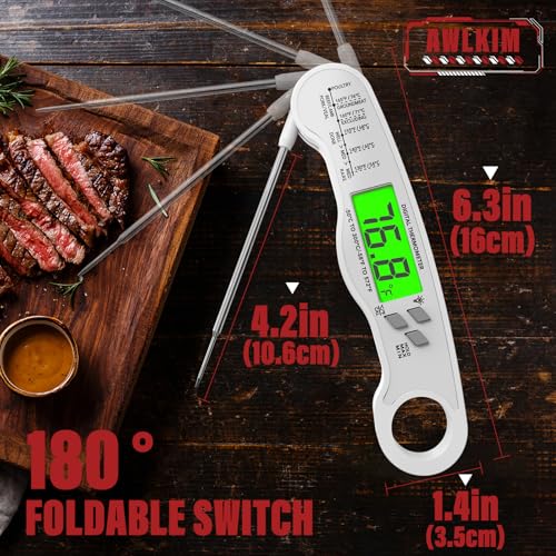 AWLKIM Meat Thermometer Digital, Instant Read Thermometer, White | Food thermometer for grill, BBQ, candy, oil and baking; backlit display, foldable probe and magnetic storage. - color: White