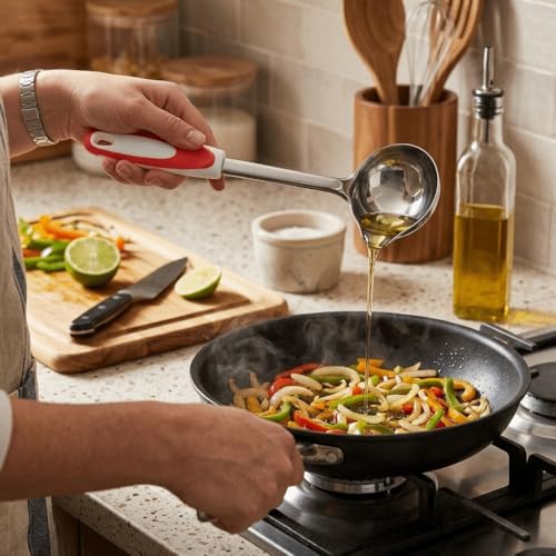 Stainless Steel Ladle Spoon Portable Non Slip Handle Smooth Side Pour Spout Mouth Porridge Spoon for Kitchen Restaurant Hotel
