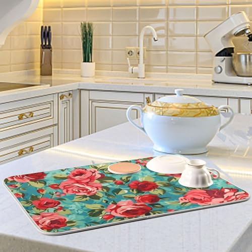 Kcldeci Red Green Rose Dish Drying Mat Kitchen Drying Pad Dish Draining Mat Dish Rack Drainer Pad 16 x 18 - color: Woman, size: 16x18in