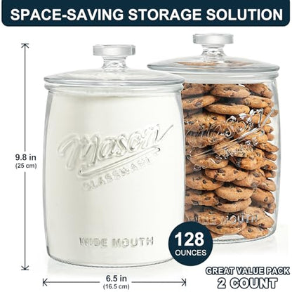 2 Pack Cookie Jar, 1 Gallon Glass Jar with Airtight Lids - Large Wide Mouth Mason Jar for Kitchen Pantry& Laundry Room, Glass Apothecary Canisters Sets for Candy, Flour, Rice, Coffee, Display