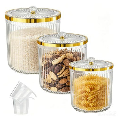 Rice Storage Container,Pantry Large Food Storage Organization with Lids&Scoop Airtight Cereal Dispenser for Flour, Sugar, Cereal, Rice, Cereal,Dry Goods,（3PC；12&7.9&5.8QT）