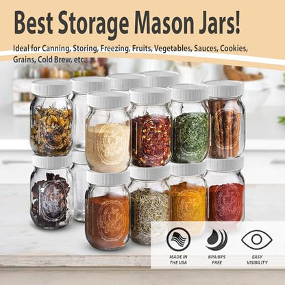 Regular Mouth Mason Jars 32 oz - (2 Pack) - Ball Regular Mouth 32-Ounces Quart Mason Jars with White M.E.M Food Storage Plastic Lids, Caps Fit Ball and Kerr Regular Mouth - For Storage, Freezing, Leak