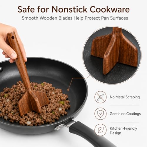 Teak Wooden Meat Chopper, Meat Chopper for Ground Beef, Heat-Resistant Non-Scratch Wooden Meat Masher for Hamburger, Beef, Turkey, Safe for Nonstick Cookware (1Pcs)