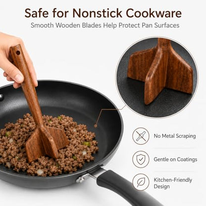 Teak Wooden Meat Chopper, Meat Chopper for Ground Beef, Heat-Resistant Non-Scratch Wooden Meat Masher for Hamburger, Beef, Turkey, Safe for Nonstick Cookware (1Pcs)