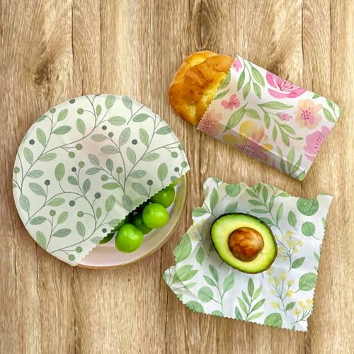 Beeswax Food Wraps, Pink Flowers and Green Leaves Wraps, 9 Pack Plastic-Free Food Storage, Sandwich, Bread, Fruit Covers, Organic, Sustainable, Zero Waste, Biodegradable, 1XL, 3M, 5S - color: Green Botanical2