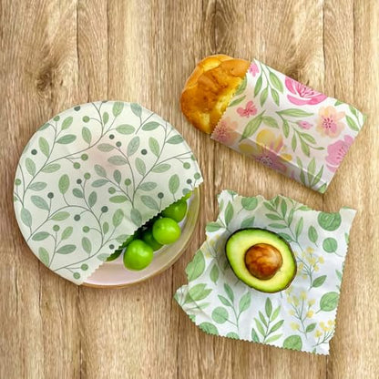 Beeswax Food Wraps, Pink Flowers and Green Leaves Wraps, 9 Pack Plastic-Free Food Storage, Sandwich, Bread, Fruit Covers, Organic, Sustainable, Zero Waste, Biodegradable, 1XL, 3M, 5S - color: Green Botanical2