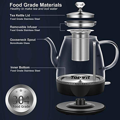 Topwit Electric Kettle Glass, For Hot Water, Tea and Coffee Dual Purpose Design, BPA-Free, 1L Pour Over Removable Stainless Steel Infuser, Auto-shut Off & Boil-dry Protect - color: Black