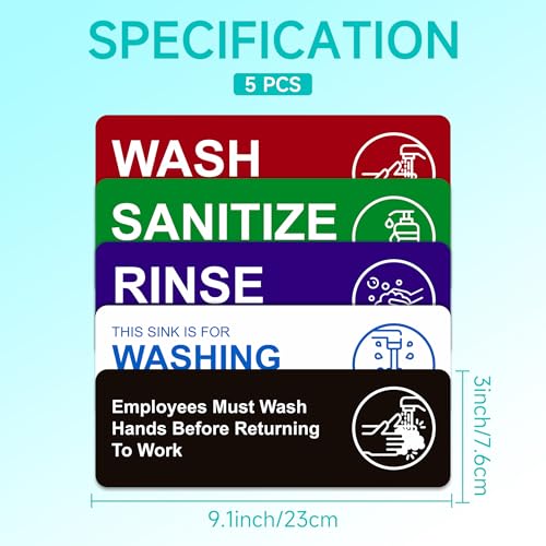5PCS Wash Rinse Sanitize Sink Labels Sign, Self-Adhesive Waterproof Employees Must Wash Hands Stickers for Business，Restaurant Supplies for Wash Station, Commercial Kitchens, Restaurant, Food Trucks, Dish Washing (9"×3") - color: wash rinse sanitize sink