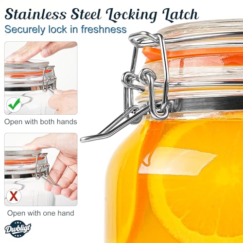 2 Packs 1 Gallon Glass Jars with Airtight Lids, Wide Mouth Mason Jars with Clip Top & Stainless Steel Handle & Silicone Base, Glass Storage Containers for Kitchen Storage, Pickling-Dual Scale - size: 1 Gallon/Glass Lid
