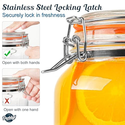 2 Packs 1 Gallon Glass Jars with Airtight Lids, Wide Mouth Mason Jars with Clip Top & Stainless Steel Handle & Silicone Base, Glass Storage Containers for Kitchen Storage, Pickling-Dual Scale - size: 1 Gallon/Glass Lid